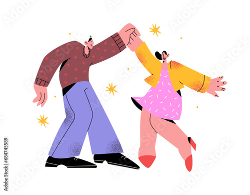 Characters dance man and woman. Ball dance cartoon people dance movements. Couples dance flirting, relationships, love. Vector retro Ilustration