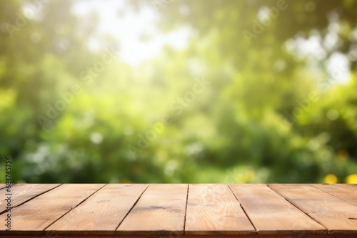 Bright image of empty wooden tabletop with blurred summer background