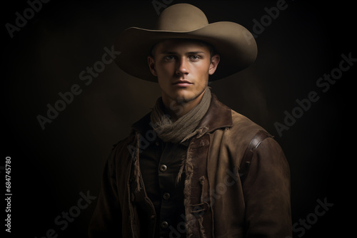 Handsome young Caucasian cowboy - retro - vintage - wild west era - cowboy hat - bandit western man in his 20s or 30s