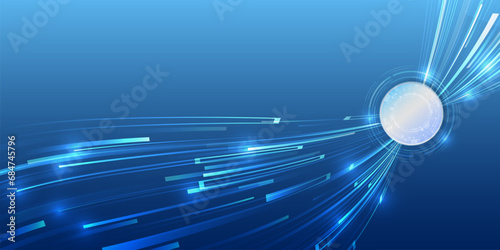 High-speed Internet line. Technological background of wireless transmission of large volume of data. Abstract neon color dynamic lines. Blue light bands, data transmission using 5g or 6g technology.