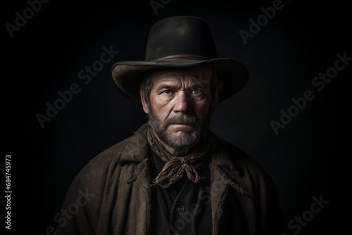 old man - cowboy - bandit - wild west era - isolated dark background - portrait - beard