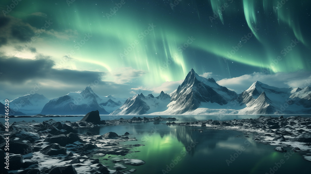 Beautiful landscape with green northern lights, or the aurora borealis, dancing waves of light over a snowy mountains