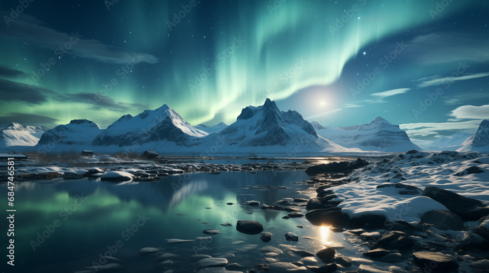 Beautiful landscape with the northern lights, or the aurora borealis, dancing waves of light over a snowy mountains