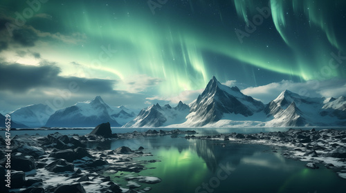 Beautiful landscape with green northern lights, or the aurora borealis, dancing waves of light over a snowy mountains