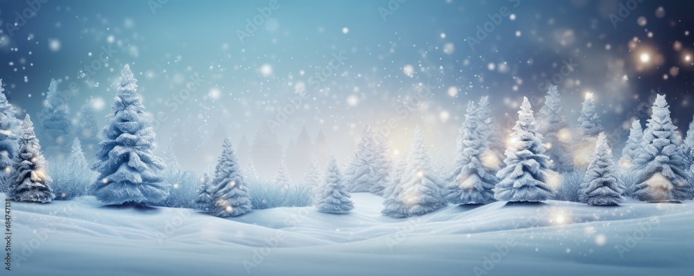 Winter snowy forest,  christmas blurred panorama. Generative Ai.