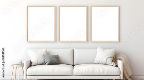 Living room interior mockup in scandinavian style with blank wall posters