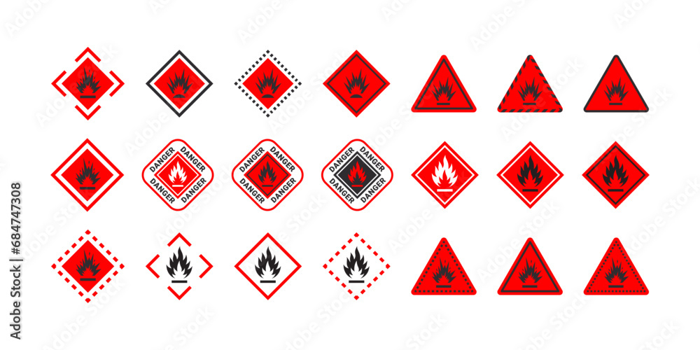 Flammable materials warning sign set. Sign danger flammable liquids or materials. Flammable substances icons set. Vector scalable graphics - obrazy, fototapety, plakaty 