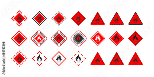 Flammable materials warning sign set. Sign danger flammable liquids or materials. Flammable substances icons set. Vector scalable graphics photo