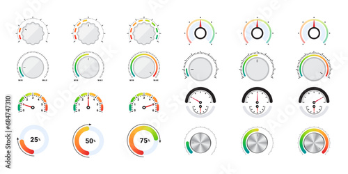 Risk meter icons set. Efficiency meter. Performance measurement. Customer satisfaction. Vector scalable graphics photo
