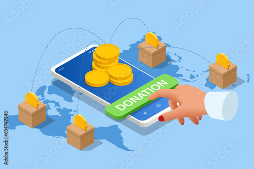 Isometric people characters donate money for charity online. Every donated coin aids in humanitarianism. Online donation services offer a flat and efficient way to support charity.