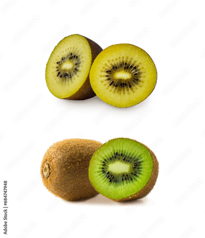Fototapeta premium Golden kiwi and green kiwi fruit. Kiwi slices isolated on white background. Tropical fruits on white background. Kiwi with space for text.