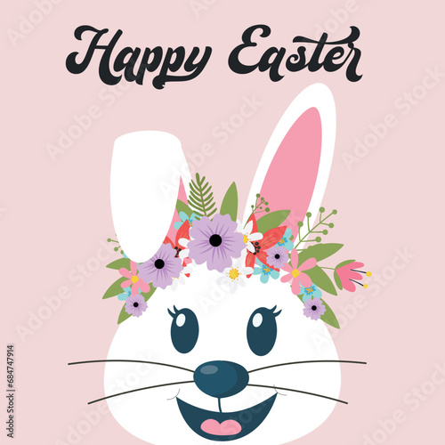 Cute spring rabbit with a wreath of flowers. Happy Spring Easter, Cute Cartoon.  For banners, posters, cover design templates, social media stories wallpapers and greeting cards.
