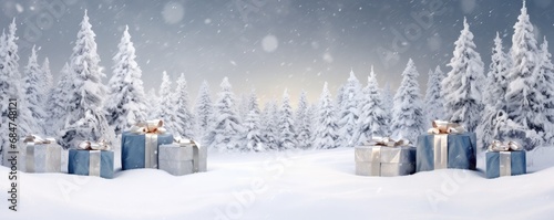 Winter snowy forest with christmas presents  panorama. Generative Ai.