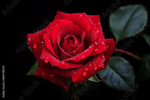 A close-up of a red rose with water droplets on it, Generative AI