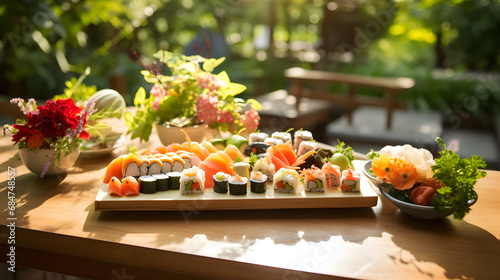 Exquisite Sushi Delight on Rustic Wooden Table