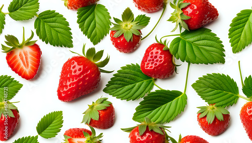Strawberry fruit with green leaves in a set composition of food photography