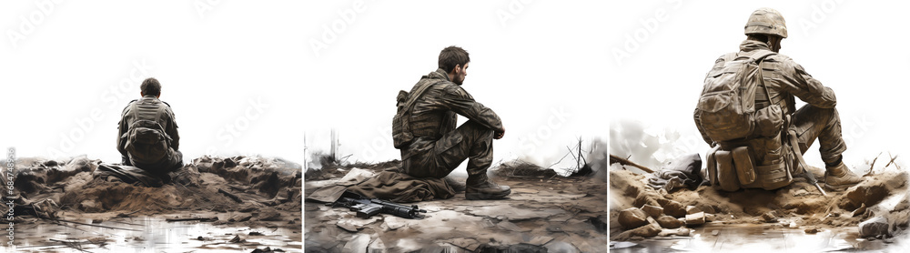 A tired soldier sitting on the ground, view from behind. Concept of destruction and war. Isolated on transparent background