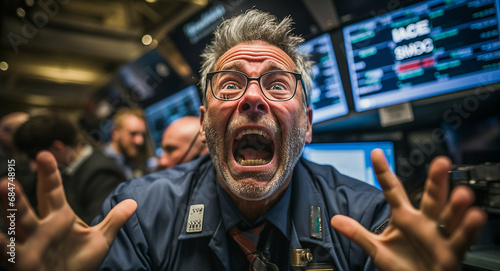 Man on the stock exchange is scared because his stocks are crashing photo