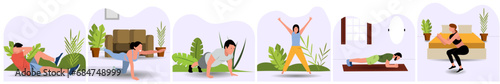 Collection of Men and Women exercising at home