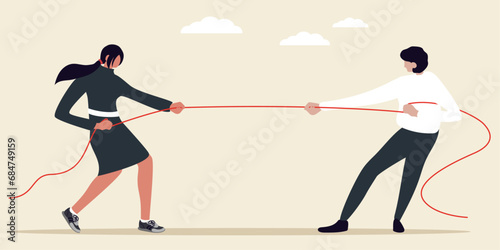 Competition concept. Business people. Businesswomen in pull the rope, symbol of rivalry, competition, conflict. Tug of war. Vector illustration, flat design. Corporate conflicts.