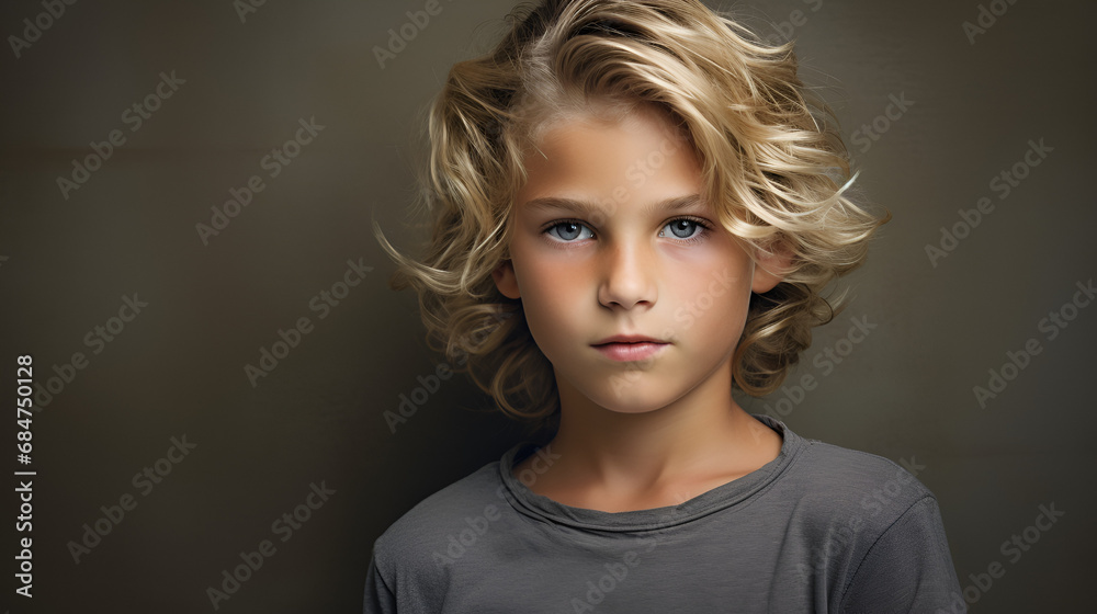portrait of an caucasian boy with blond wavy hair