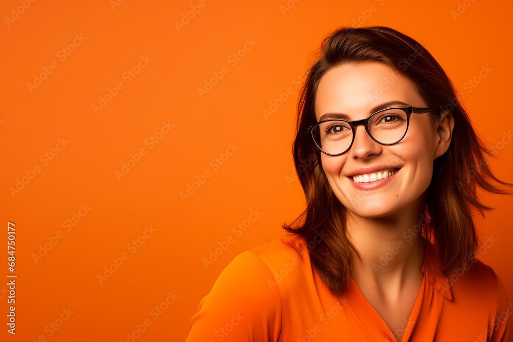 smiling European woman in her 30s. orange background