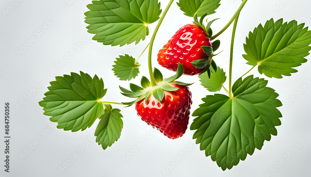 Strawberry fruit with green leaves in a set composition of food photography Strawberry fruit with green leaves in a set composition of food photography