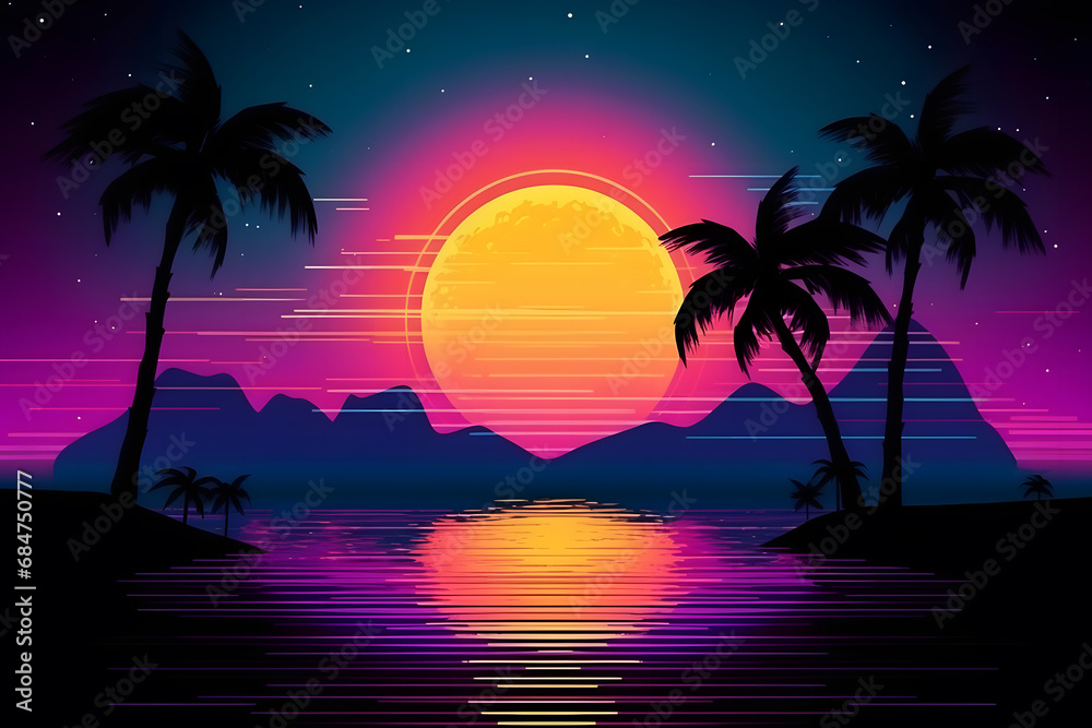 Retro wave city background. Neon night landscape with a futuristic city in the style and aesthetics of the 80s and 90s. Synthwave, cyberpunk. Neural network AI generated art