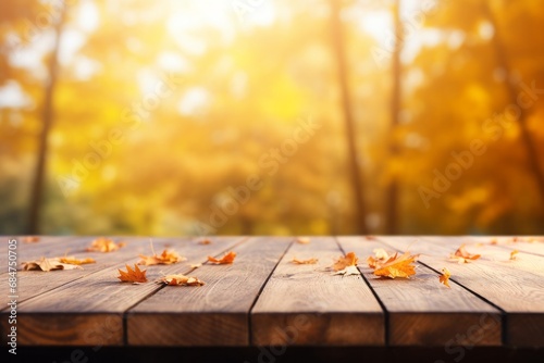 Bright image of empty wooden tabletop with blurred autumn background