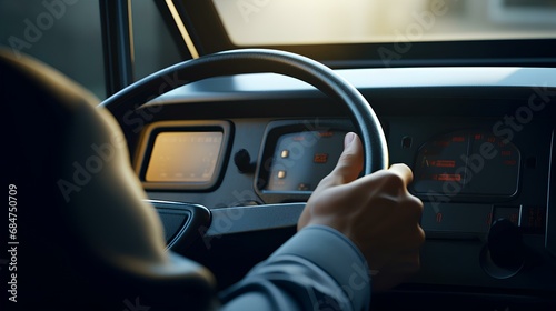 Close-up of the driver's hand holding the steering wheel in the driver's seat of the school bus, showing dashboard of a school bus. generative AI