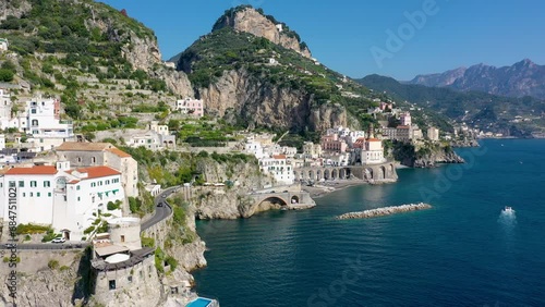 Aerial view of Atrani famous coastal village located on Amalfi Coast, Italy. Small town Atrani on Amalfi Coast in province of Salerno, Campania region, Italy. Atrani town on Amalfi coast, Italy.