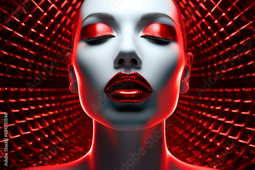 Woman's face with red lips and shadows emerging from a futuristic red and black grid