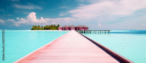 Tropical minimalistic mockup. Luxury panoramic view at exotic resort on turquoise seascape background. Bungalow, villas on beautiful beach on the ocean. Spa, leisure, concept. Generative ai
