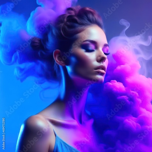 Woman surrounded by a purple pink cloud of smoke. AI generated