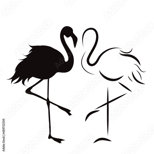 Couple of vector illustrations of flamingo on white background. Symbol of bird and nature.