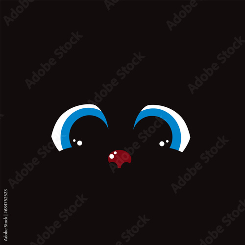 Vector illustration of blue eyes with muzzle of pet on black background. Symbol of pet.