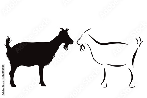 Couple of vector illustrations of goat on white background. Symbol of farm and breeding.