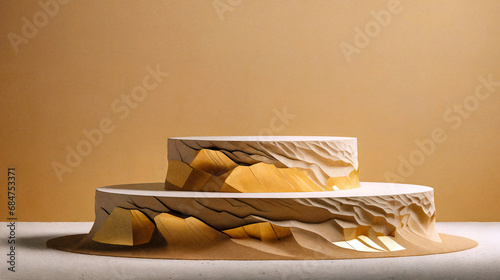 Round pedestal of sand texture with broken shapes of golden color.