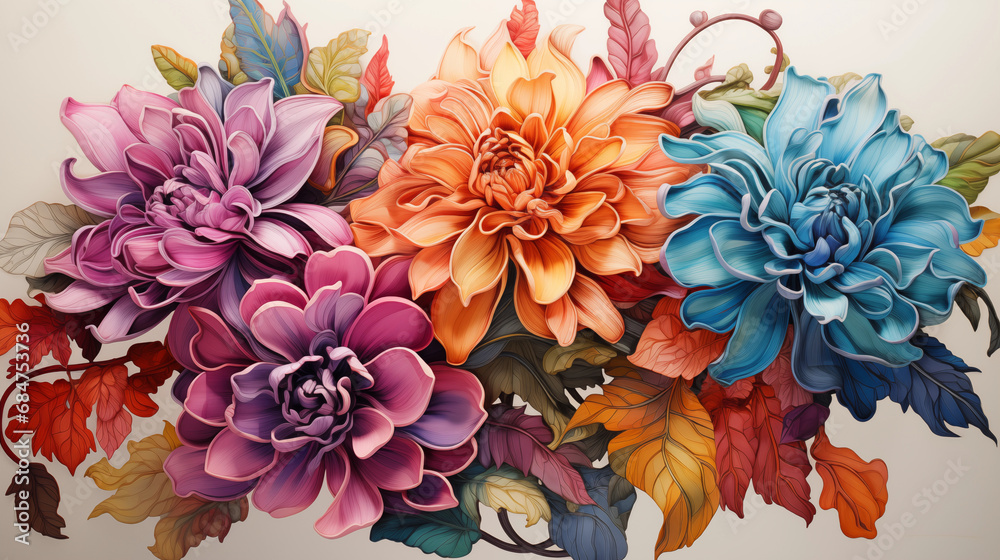 Bouquet of Flowers in Various Shades of Pink, Orange, and Blue: A Photo Realistic Image of a Floral Arrangement