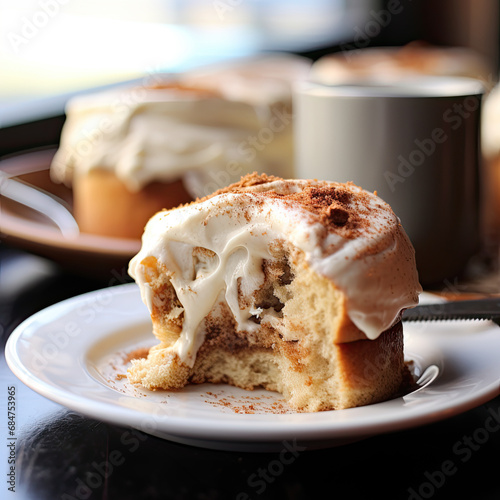 Cinnamon creamcheese bun sliced in half. Image in white and beige colors. photo