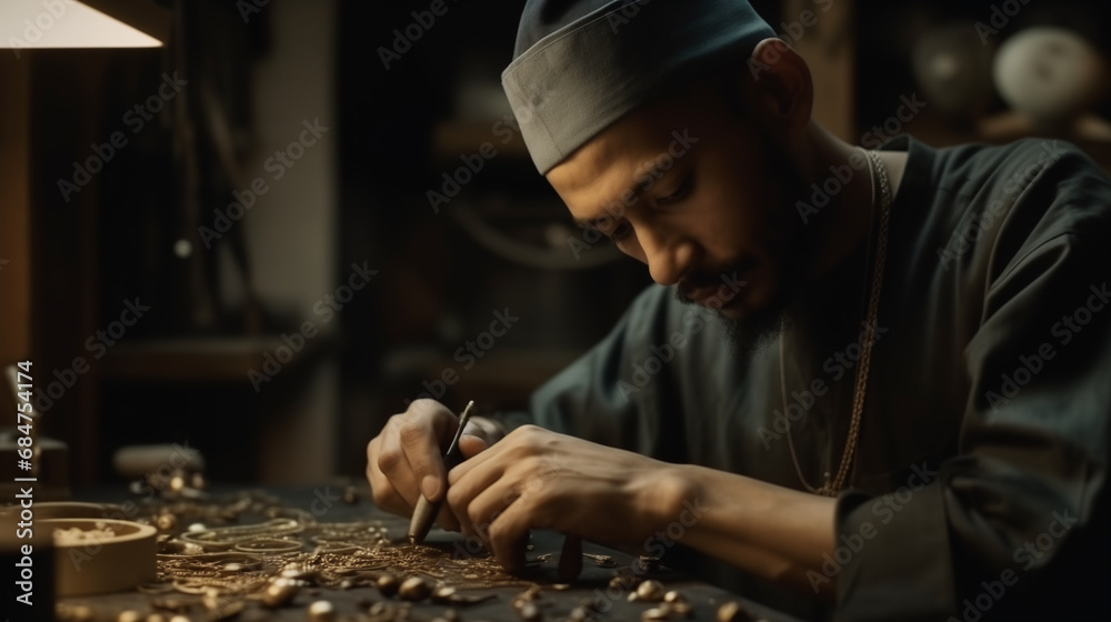Medium close-up shot of a young, attractive craftsman working with jewelry details in a workshop, looking down, wearing a hat and a shirt Medium close-up shot of a young, attractive craftsman working with jewelry details in a workshop, looking down, wearing a hat and a shirt