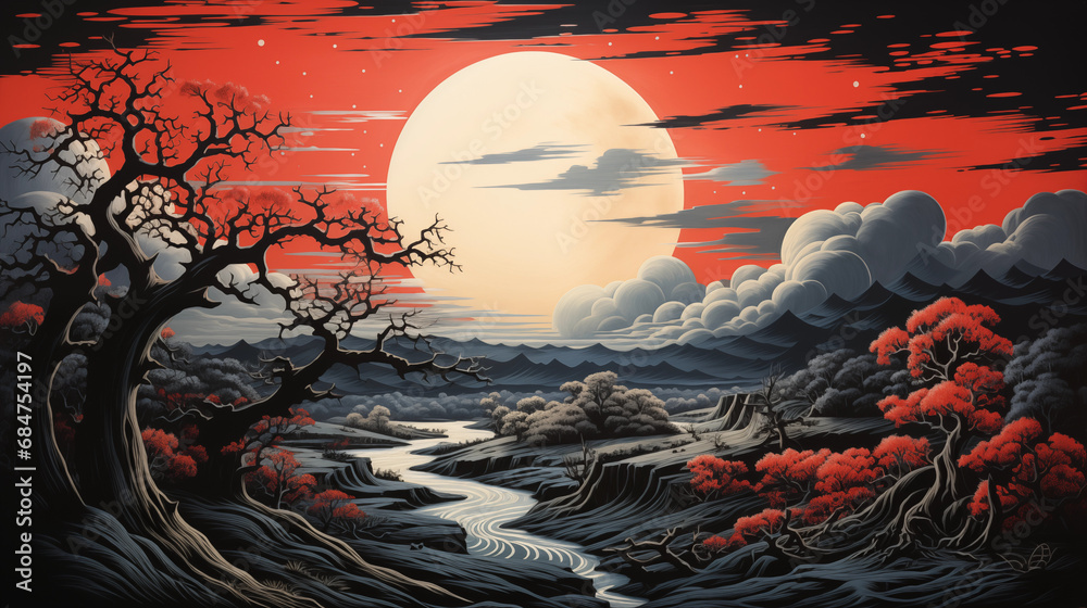 The Red Sun: A Stylized Image of a Landscape with a Large Red Sun and Black Trees The Red Sun: A Stylized Image of a Landscape with a Large Red Sun and Black Trees