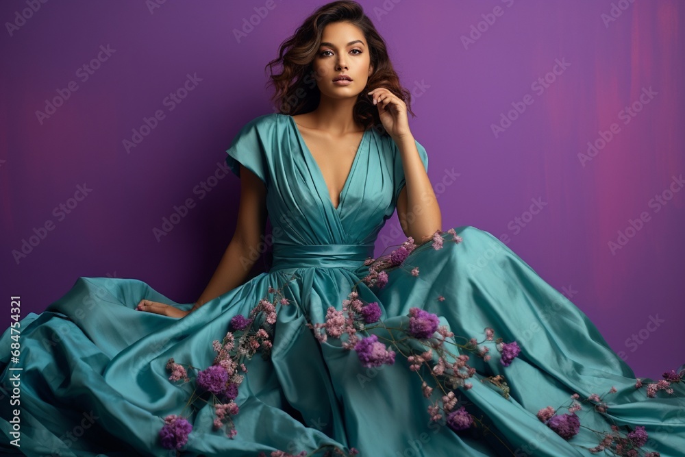 A chic model in a flowy teal dress, gracefully positioned against a striking lavender background. A chic model in a flowy teal dress, gracefully positioned against a striking lavender background.