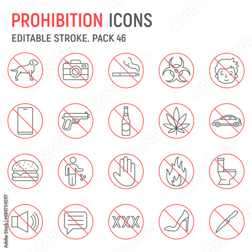 Prohibition line icon set, warning collection, vector graphics, logo illustrations, prohibited vector icons, prohibition signs, outline pictograms, editable stroke