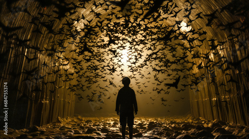 chiroptophobia: a haunting, ultra-realistic portrayal of the deep-seated fear of bats, capturing every eerie detail from shadowy wings to intense, piercing eyes - generated with AI photo