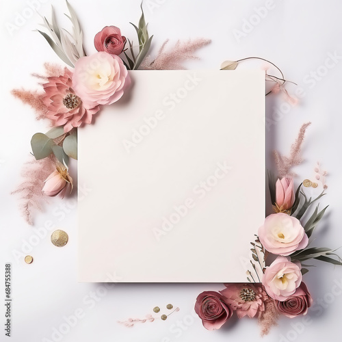 modern, stylish mockup of a congratulatory letter, postcard with delicate flowers, leaves and berries in bed colors on a light background