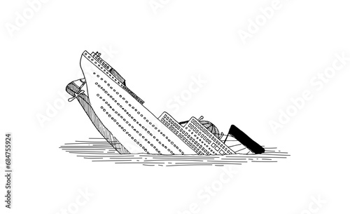 Black and white line art of sinking ship with stern up. Hand drawn cartoon style for disaster, risk, crisis and failure concepts in business or storytelling.