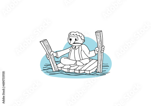 Black and white line art of businessman castaway on wooden raft. Cartoon style for failure, crisis, survival and business problem concepts.