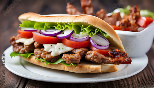Tasty kebab sandwich in a set composition of food photography