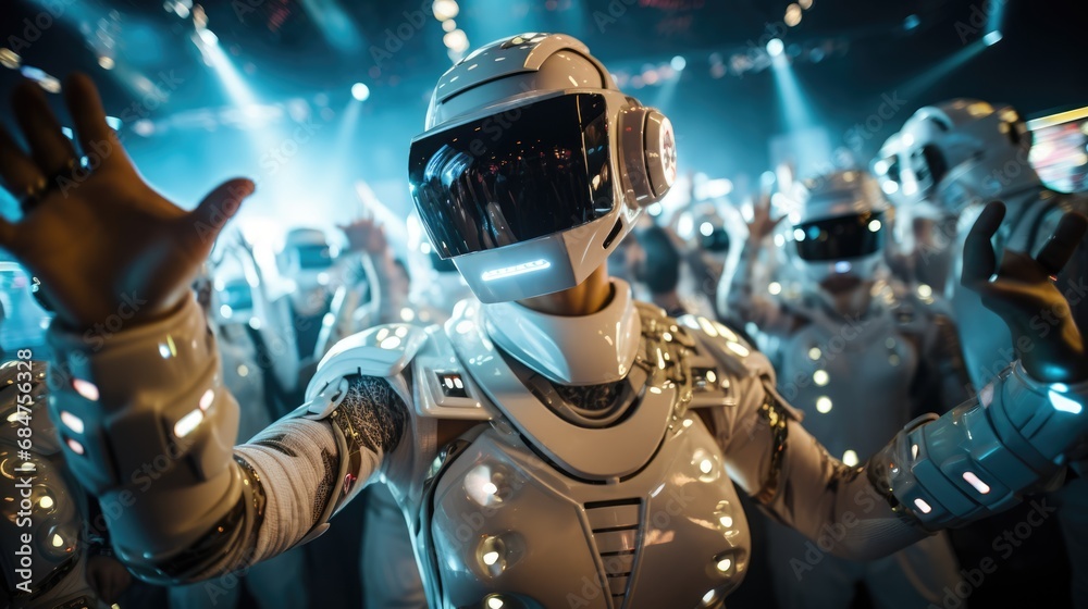 robots, androids, and humans thriving in dance at a futuristic party robots, androids, and humans thriving in dance at a futuristic party